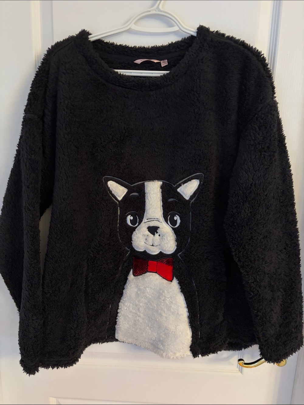 La Vie En Rose Black Plush Women’s Hoodie with Puppy Applique and Red Bow